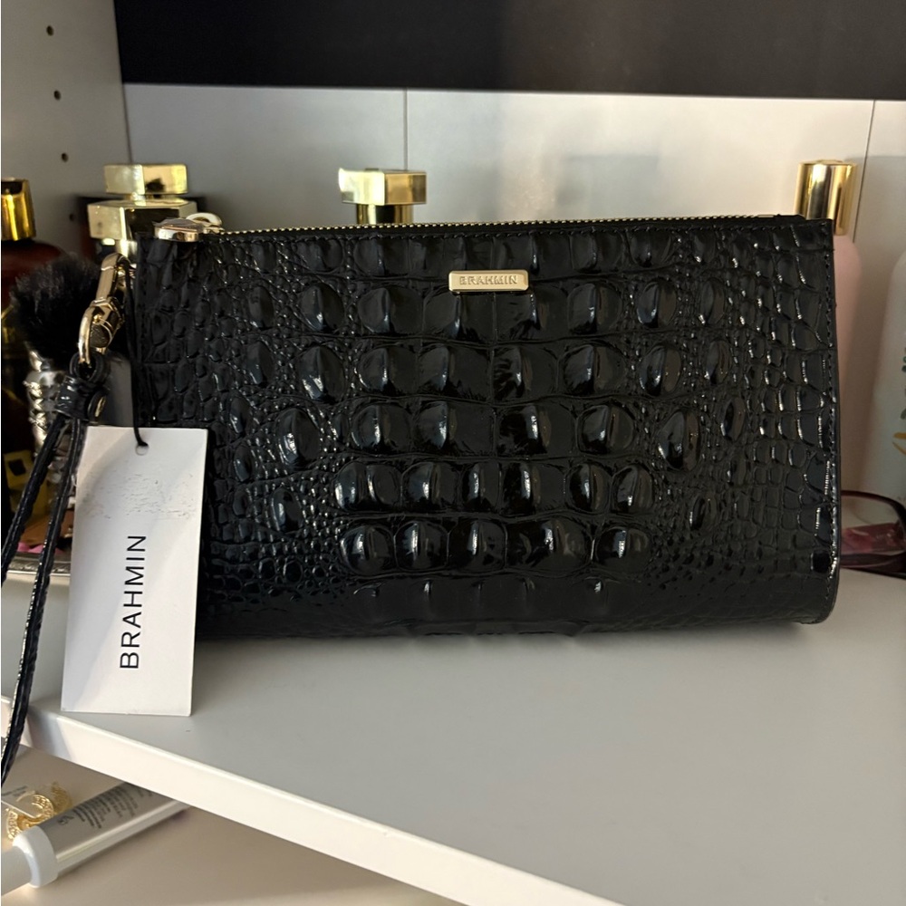 Brahmin Black Embossed Leather Wristlet